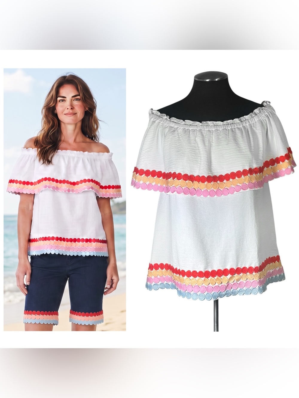 🆕 Entro – Off Shoulder Spotted Ric Rac Tiered Top – Medium